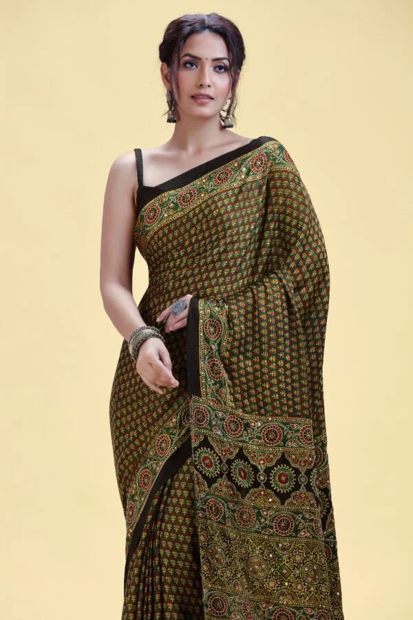 Forest Green Printed Crepe Saree with Abla & Pitta Work