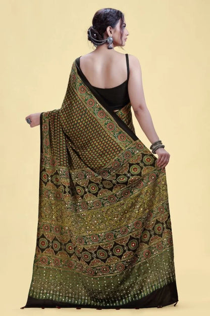 Forest Green Printed Crepe Saree with Abla & Pitta Work