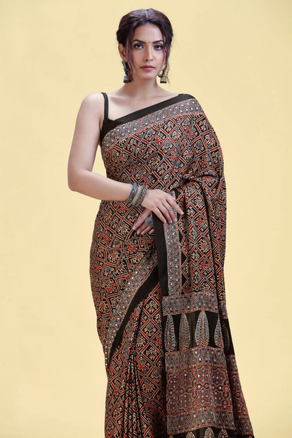 Black Printed Satin Silk Saree with Abla & Pitta Work
