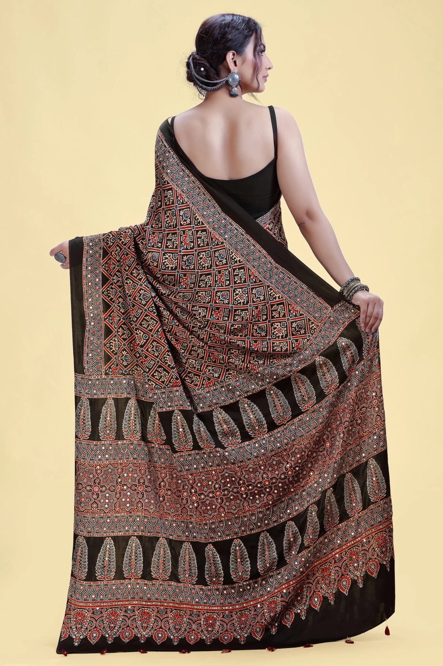Black Printed Satin Silk Saree with Abla & Pitta Work