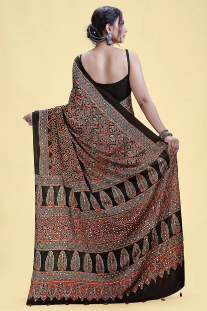 Black Printed Satin Silk Saree with Abla & Pitta Work