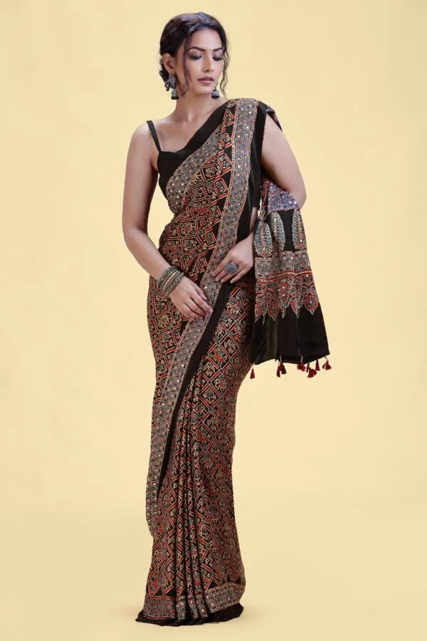 Black Printed Satin Silk Saree with Abla & Pitta Work