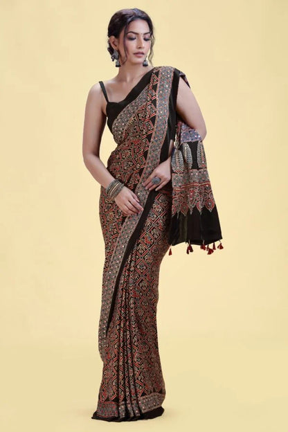 Black Printed Satin Silk Saree with Abla & Pitta Work