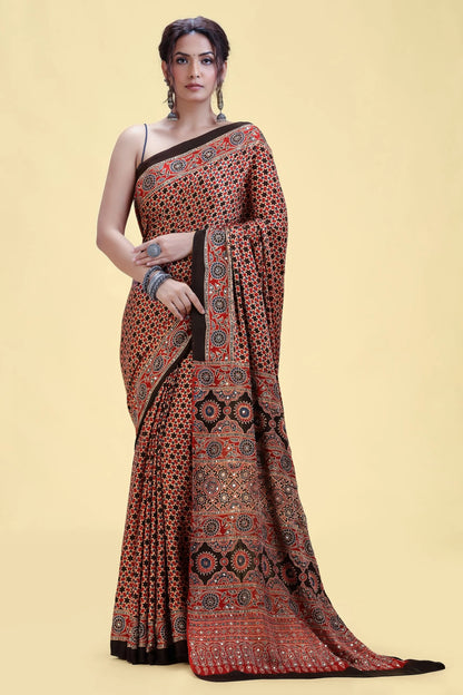 Rust Red Printed Satin Silk Saree with Unstitched Blouse