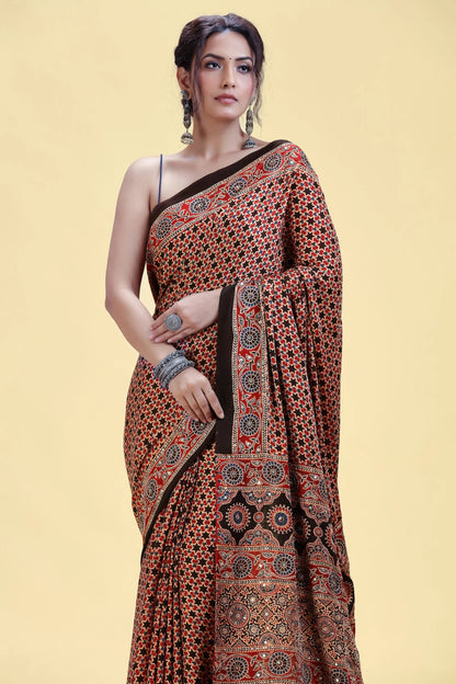 Rust Red Printed Satin Silk Saree with Unstitched Blouse
