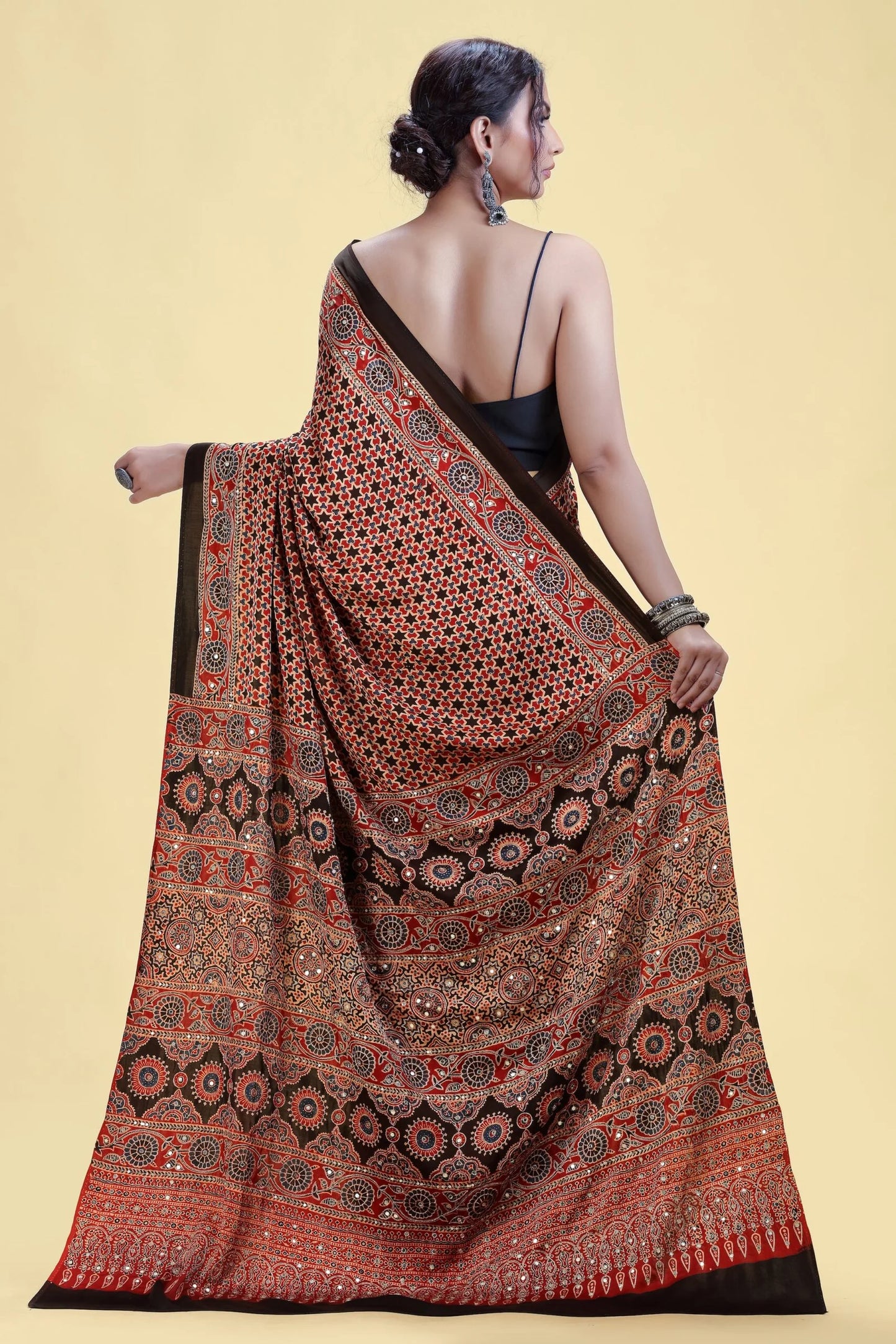 Rust Red Printed Satin Silk Saree with Unstitched Blouse
