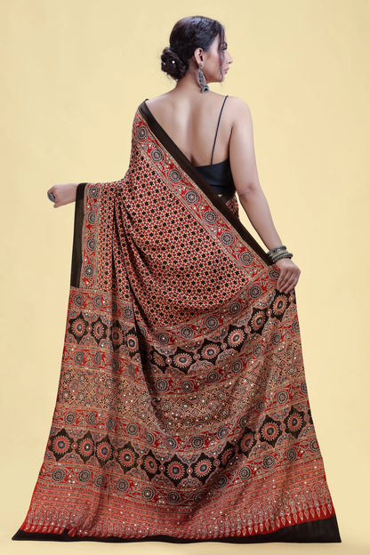 Rust Red Printed Satin Silk Saree with Unstitched Blouse