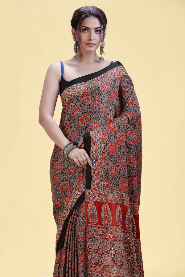 Deep Red Satin Silk Saree with Unstitched Blouse