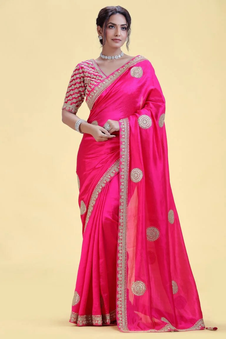 Fuchsia Pink Chinnon Saree with Stitched Blouse
