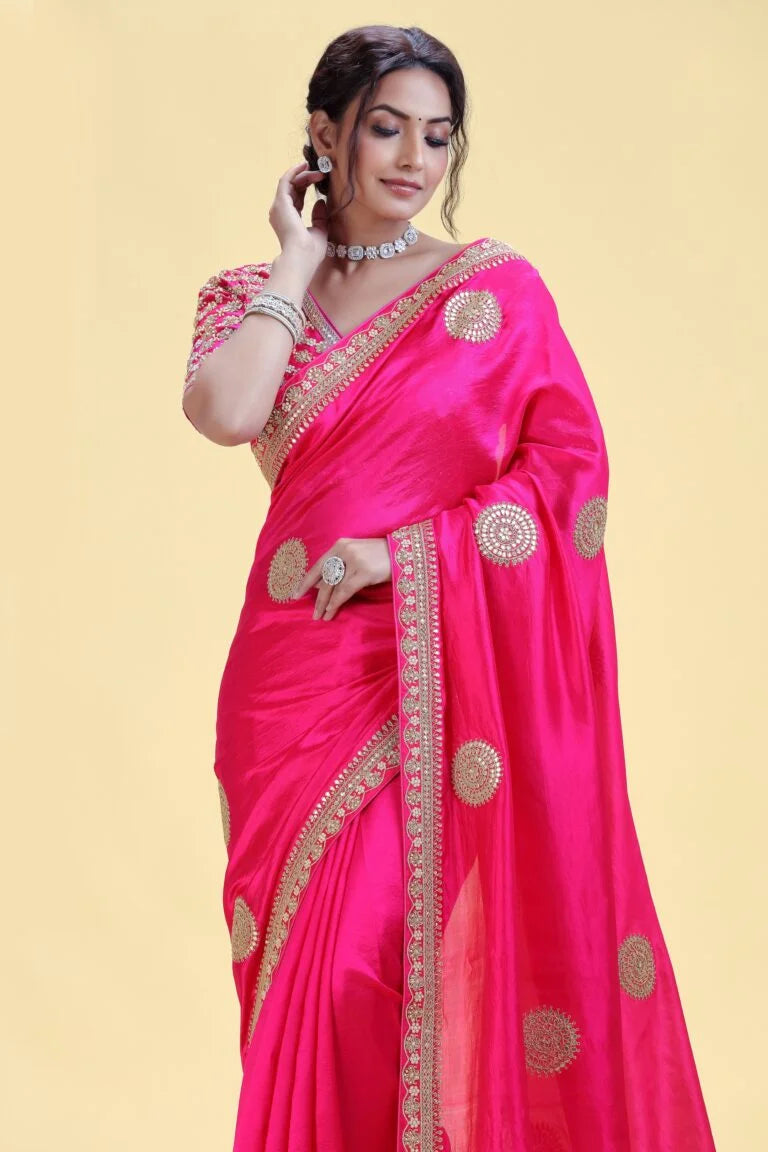 Fuchsia Pink Chinnon Saree with Stitched Blouse