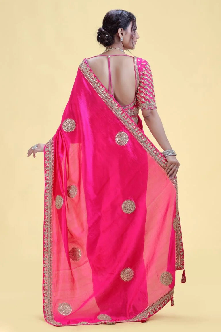 Fuchsia Pink Chinnon Saree with Stitched Blouse