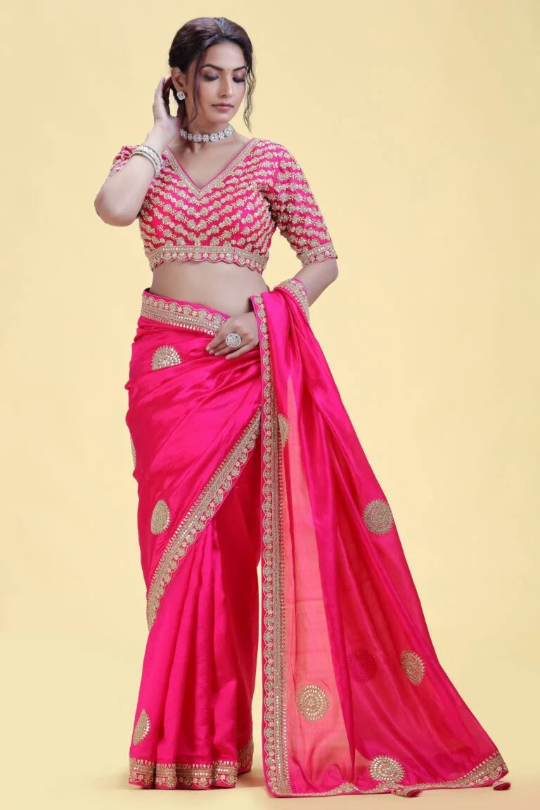 Fuchsia Pink Chinnon Saree with Stitched Blouse