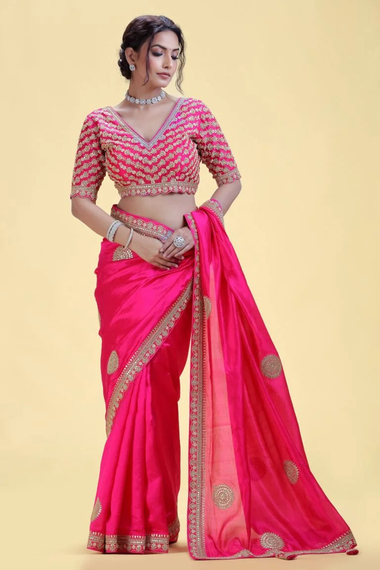 Fuchsia Pink Chinnon Saree with Stitched Blouse
