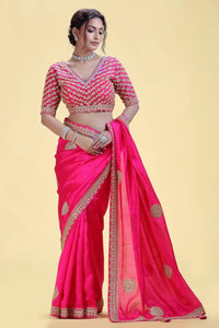 Fuchsia Pink Chinnon Saree with Stitched Blouse