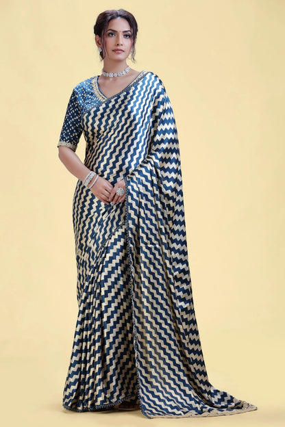 Deep Blue Printed Crepe Saree with Ready-Stitched Blouse