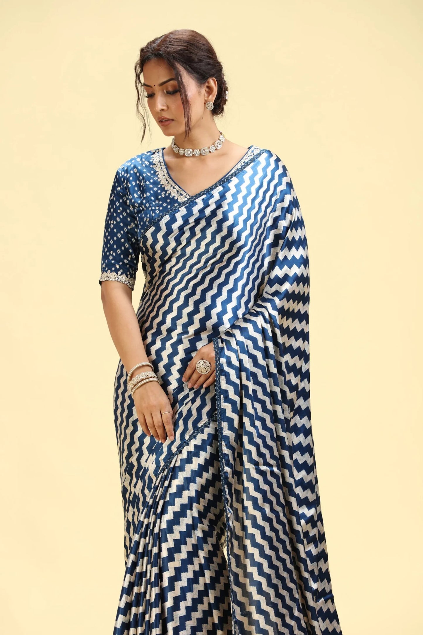 Deep Blue Printed Crepe Saree with Ready-Stitched Blouse