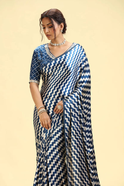 Deep Blue Printed Crepe Saree with Ready-Stitched Blouse