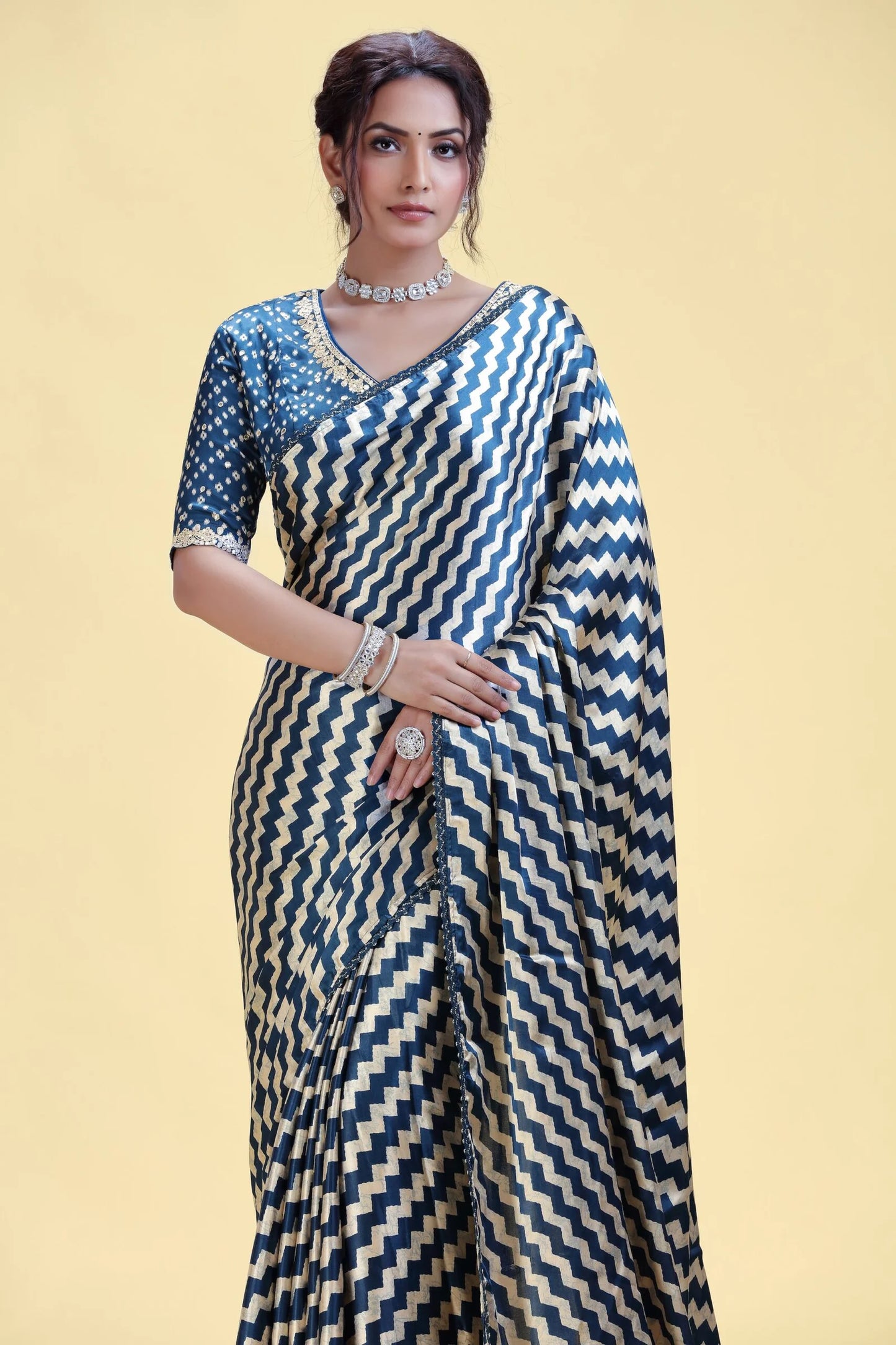 Deep Blue Printed Crepe Saree with Ready-Stitched Blouse