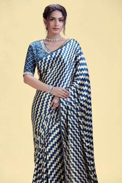 Deep Blue Printed Crepe Saree with Ready-Stitched Blouse