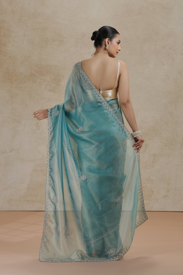 Sea Green Tissue Organza Saree with Sequins, Cutdana & Pearl Work