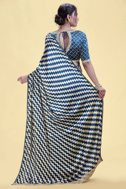 Deep Blue Printed Crepe Saree with Ready-Stitched Blouse