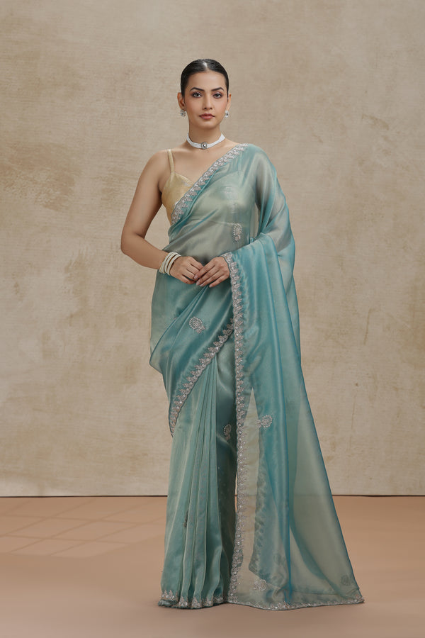 Sea Green Tissue Organza Saree with Sequins, Cutdana & Pearl Work