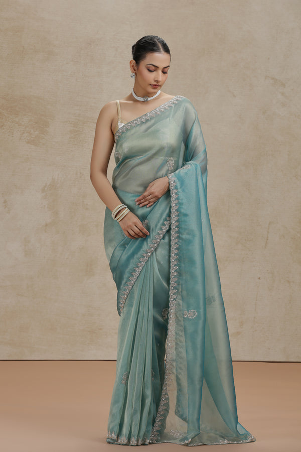 Sea Green Tissue Organza Saree with Sequins, Cutdana & Pearl Work