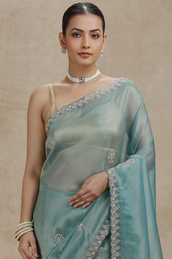 Sea Green Tissue Organza Saree with Sequins, Cutdana & Pearl Work