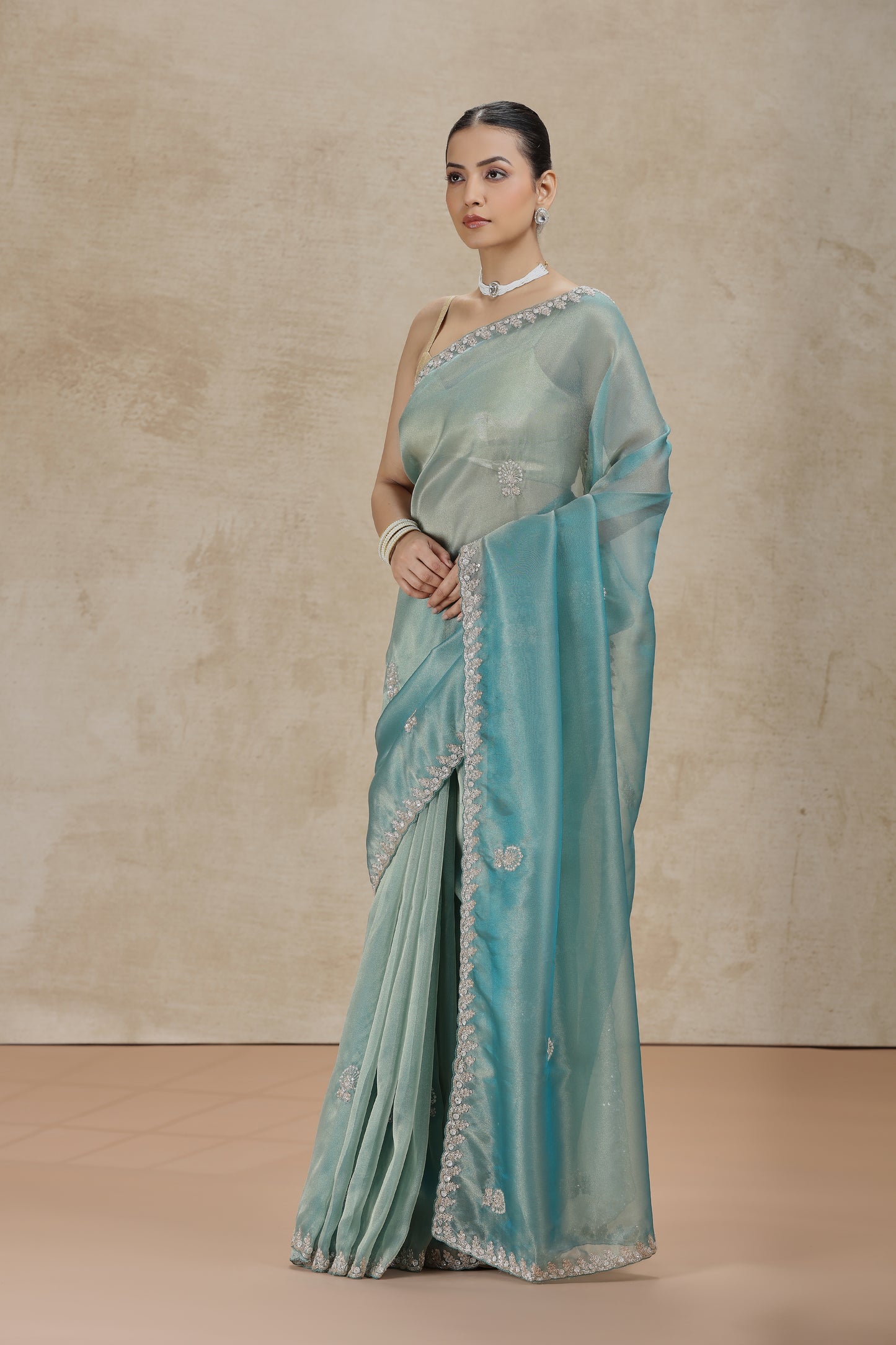 Sea Green Tissue Organza Saree with Sequins, Cutdana & Pearl Work