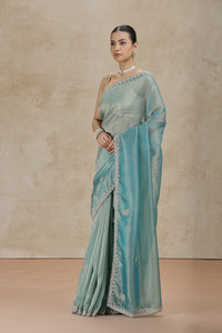 Sea Green Tissue Organza Saree with Sequins, Cutdana & Pearl Work