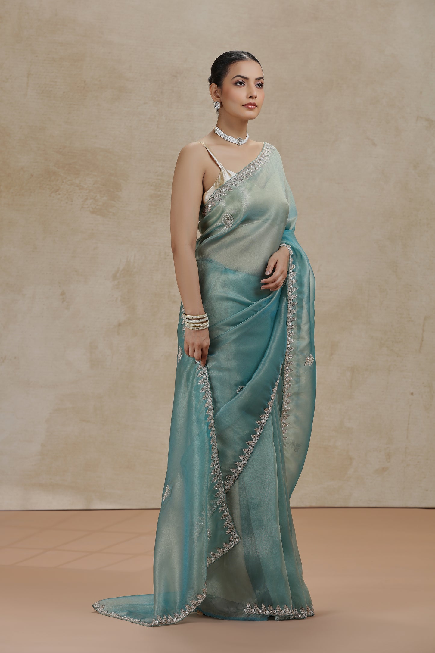 Sea Green Tissue Organza Saree with Sequins, Cutdana & Pearl Work