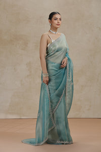 Sea Green Tissue Organza Saree with Sequins, Cutdana & Pearl Work