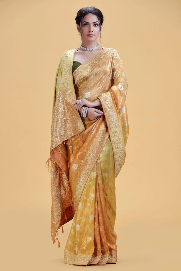 Antique Gold to Honey Yellow Shaded Dola Silk Saree