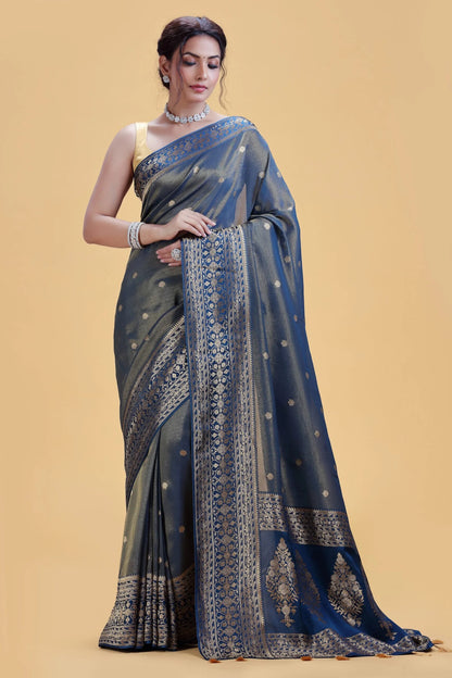 Steel Blue Dola Silk Saree with Gold Weaving