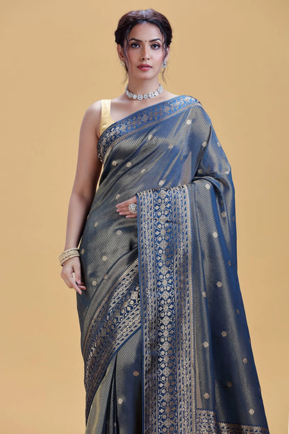 Steel Blue Dola Silk Saree with Gold Weaving