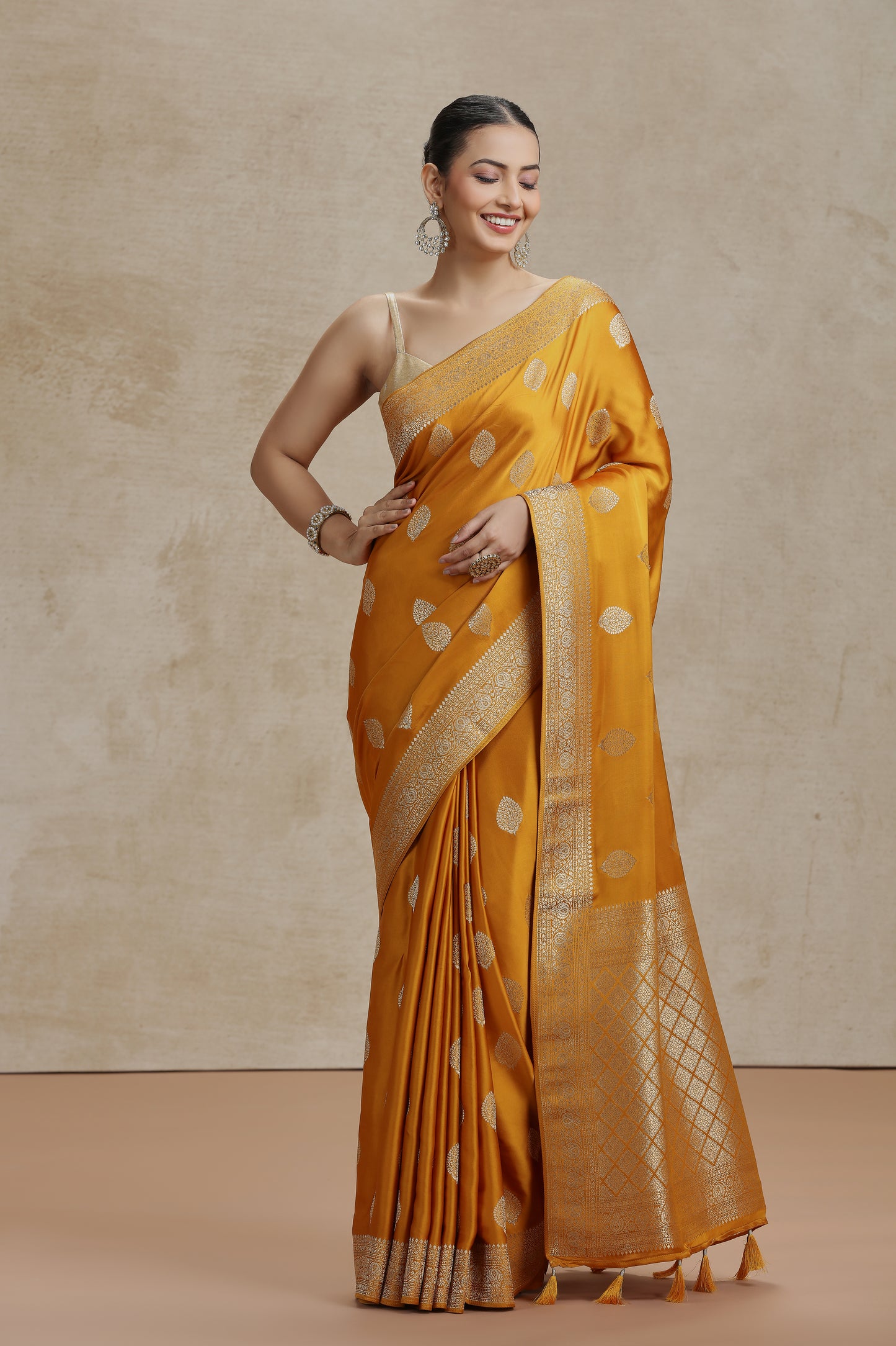 Mustard Yellow Dola Silk Saree with Woven Detailing