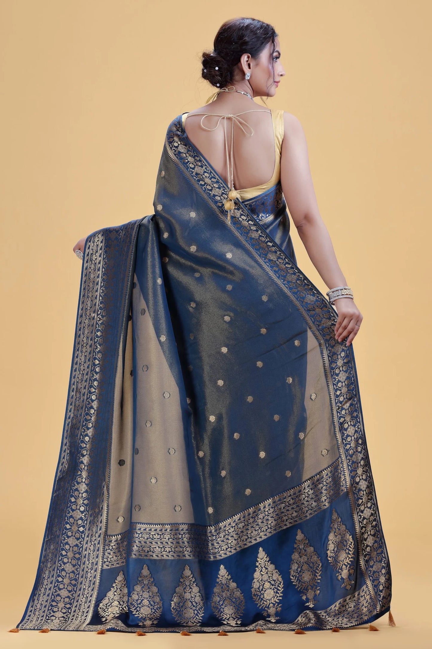 Steel Blue Dola Silk Saree with Gold Weaving