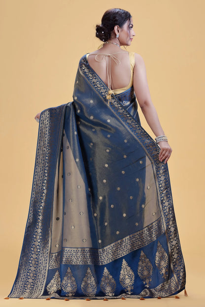 Steel Blue Dola Silk Saree with Gold Weaving