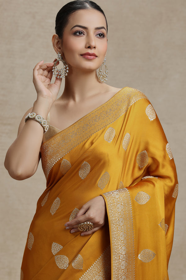 Mustard Yellow Dola Silk Saree with Woven Detailing