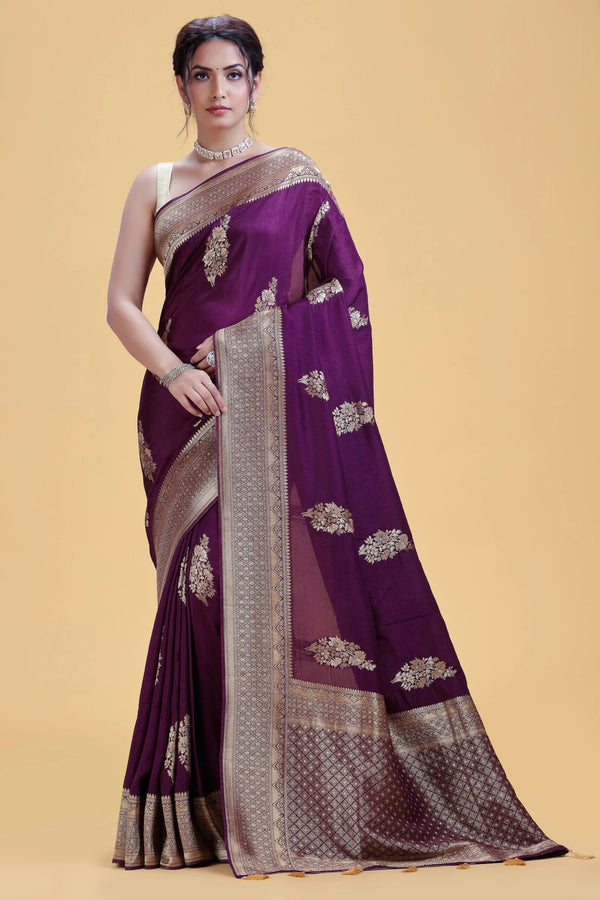 Dark Plum Dola Silk Saree with Gold Zari Weaving