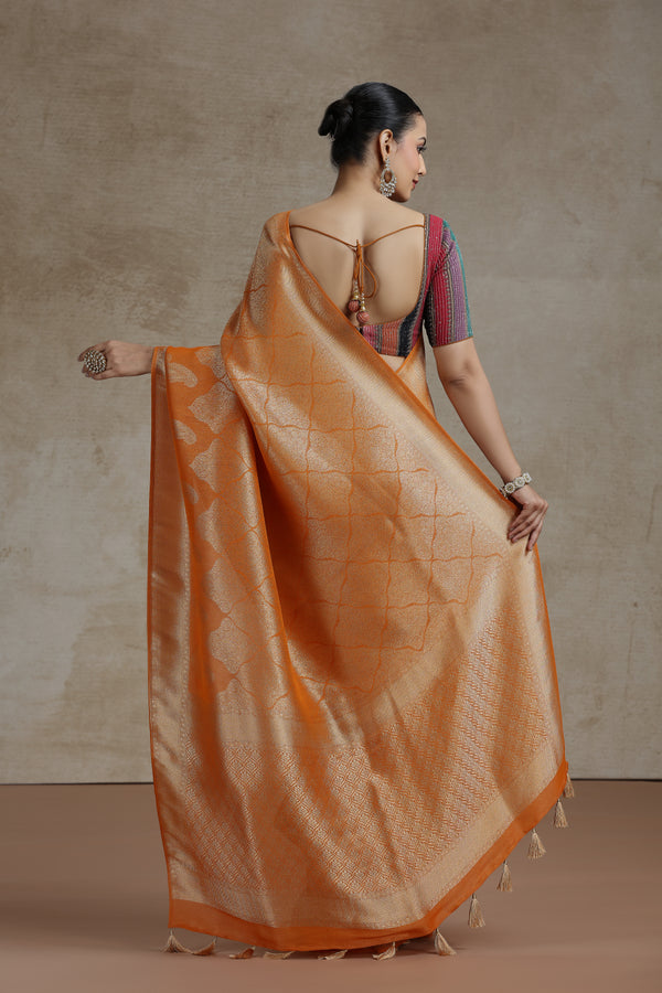 Rust Yellow Dola Silk Saree with Woven Detailing