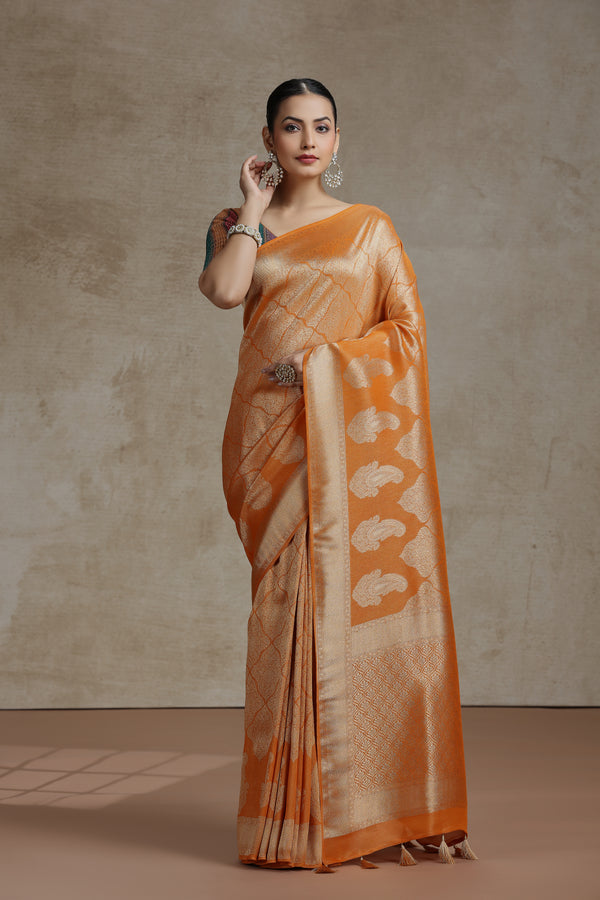 Rust Yellow Dola Silk Saree with Woven Detailing