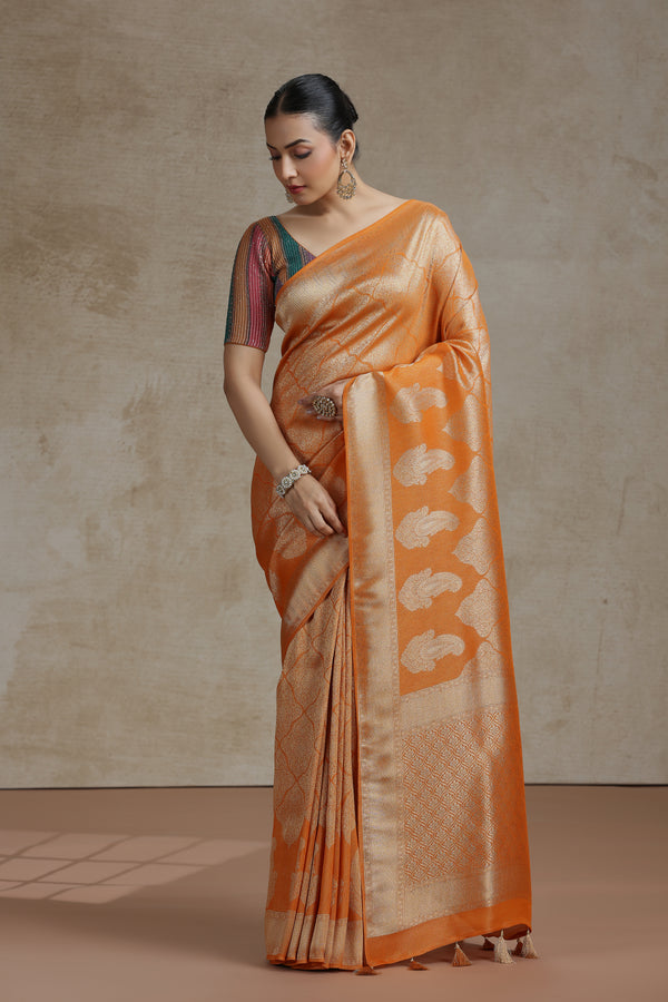 Rust Yellow Dola Silk Saree with Woven Detailing