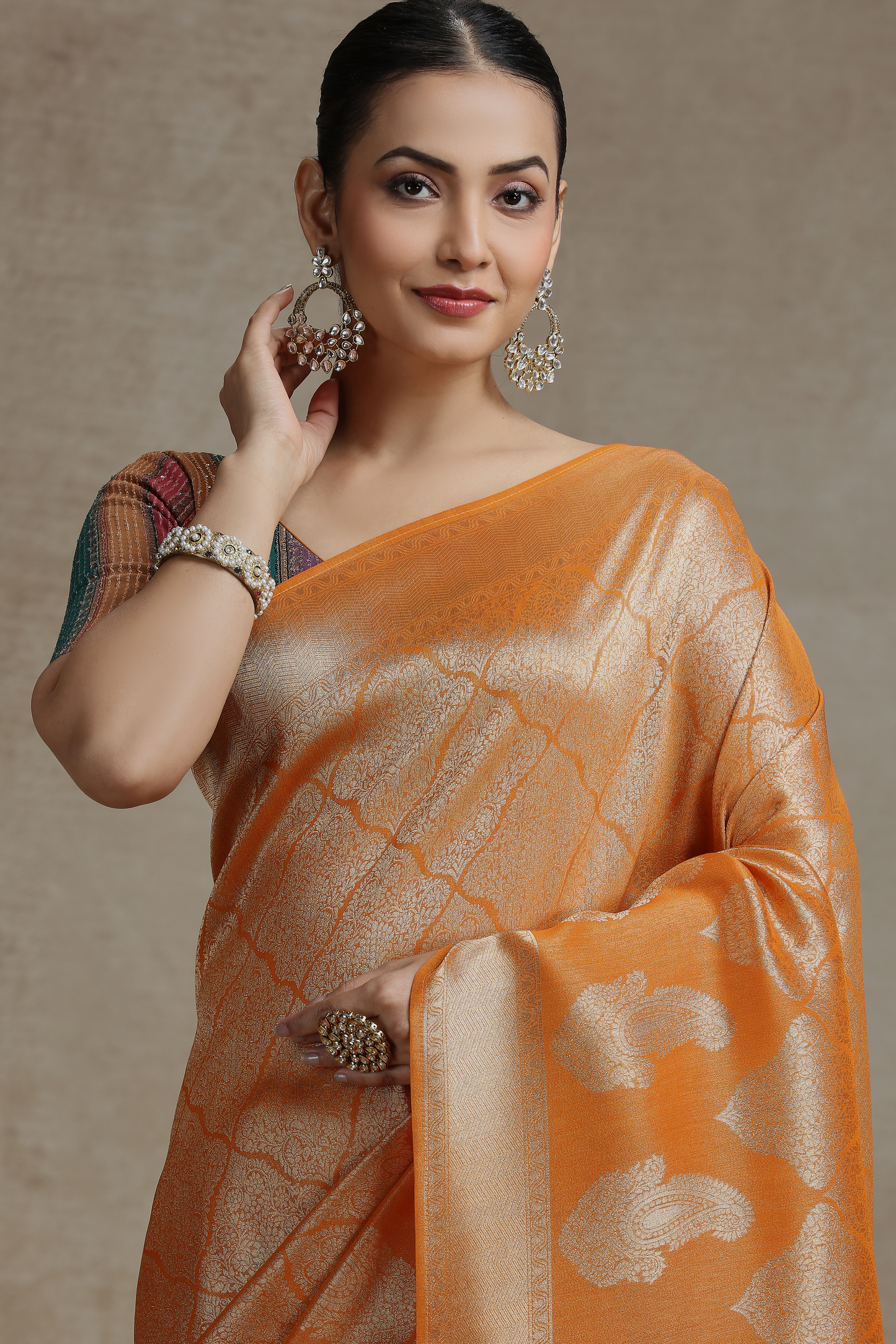 Rust Yellow Dola Silk Saree with Woven Detailing