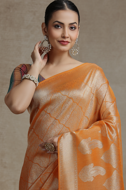 Rust Yellow Dola Silk Saree with Woven Detailing