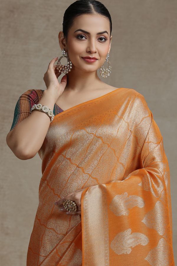 Rust Yellow Dola Silk Saree with Woven Detailing