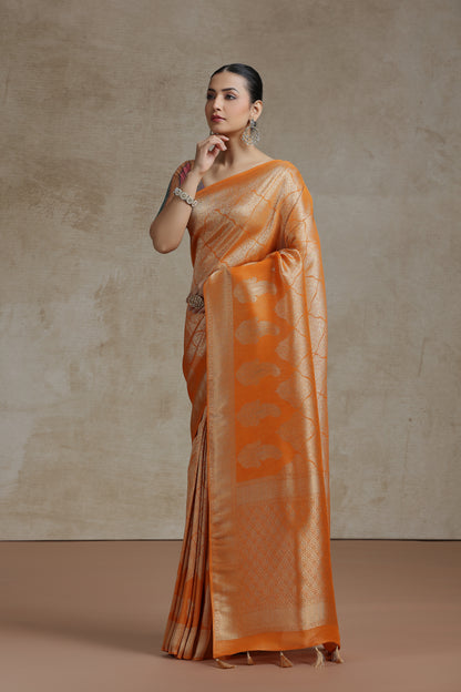 Rust Yellow Dola Silk Saree with Woven Detailing