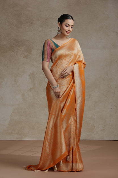 Rust Yellow Dola Silk Saree with Woven Detailing