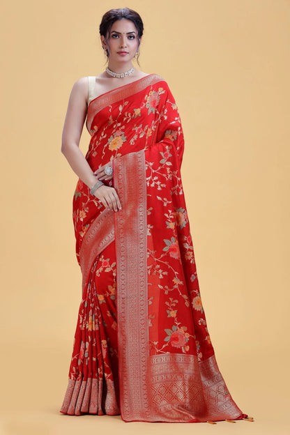 Deep Red Dola Silk Saree with Gold Floral Weaving