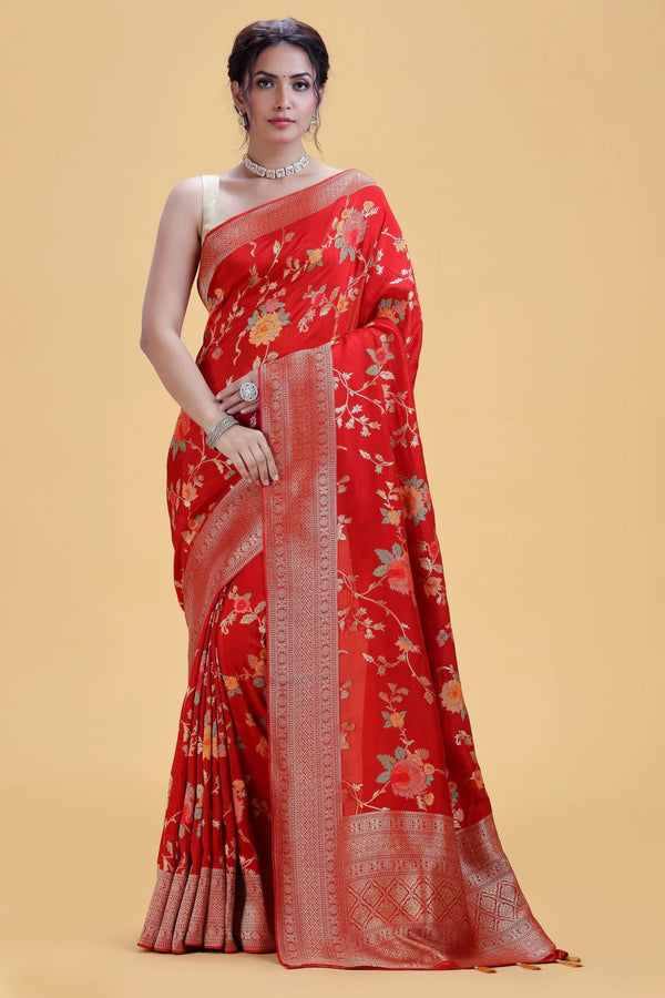 Deep Red Dola Silk Saree with Gold Floral Weaving